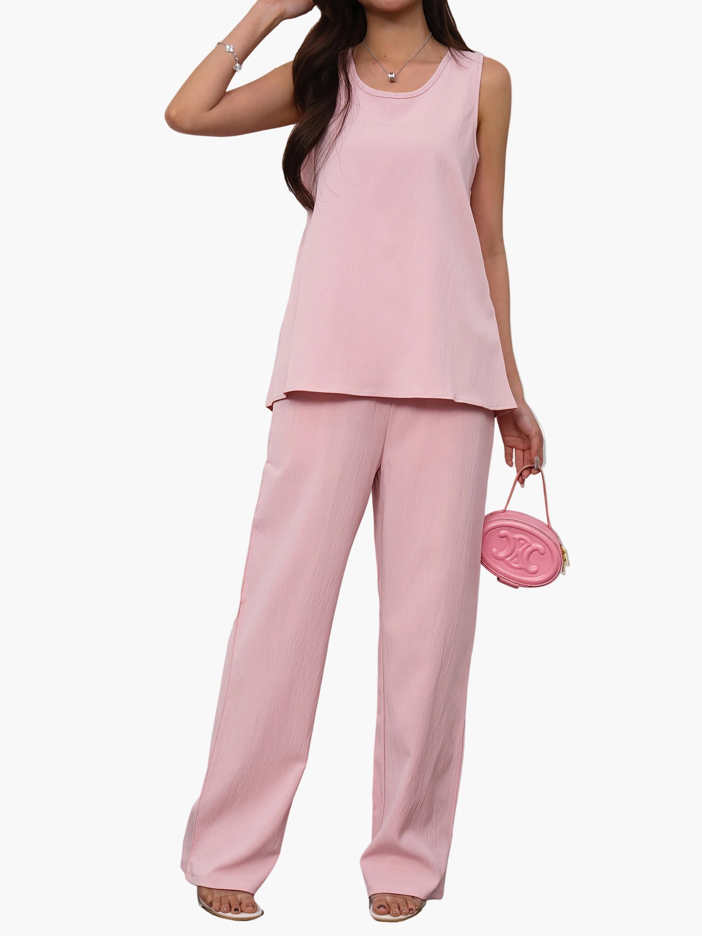 Women's Casual 2-Piece Set – Sleeveless Top and Wide-Leg Pants, Elegant Spring Summer Style