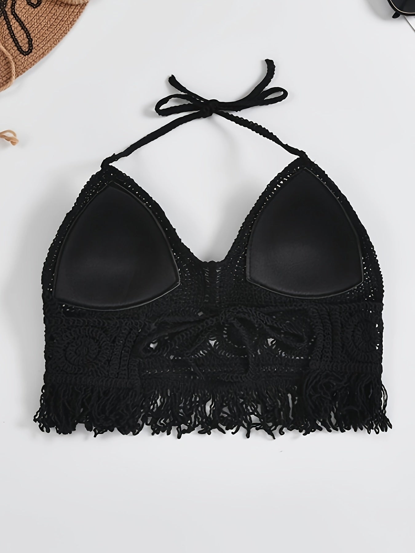 Bohemian cropped tie-front top for women, festival style with openwork details and fringes