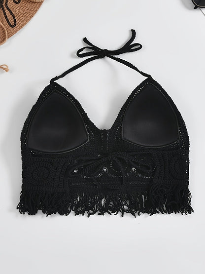 Bohemian cropped tie-front top for women, festival style with openwork details and fringes