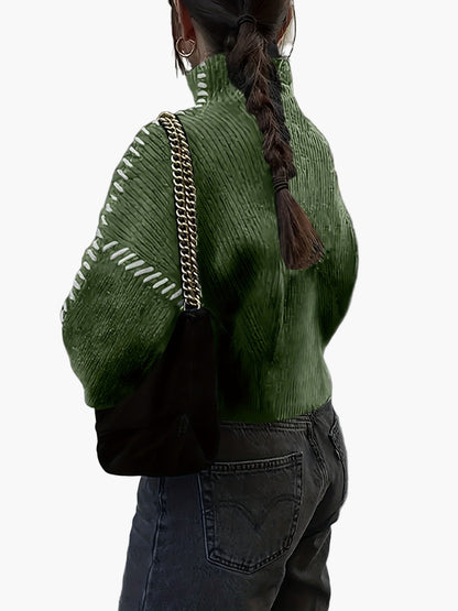 Pull femme style décontracté col montant manches larges détails couture tendance automne hiver