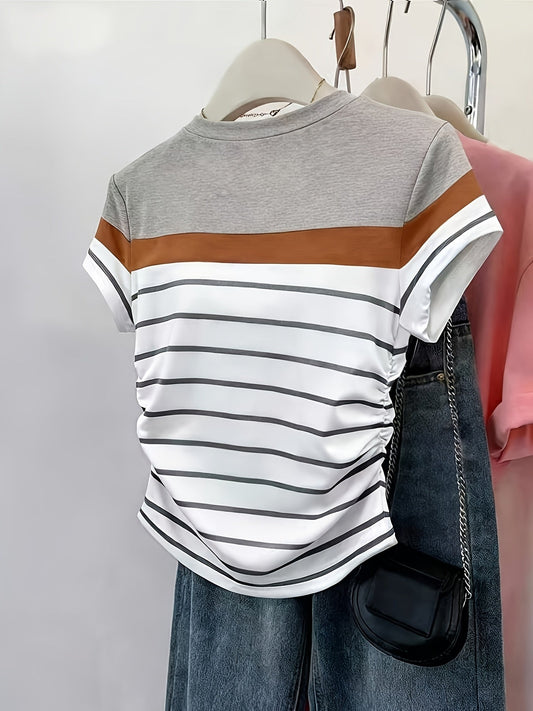 T-shirt pour femme style décontracté à rayures et fronces, manches courtes, col rond, tendance été