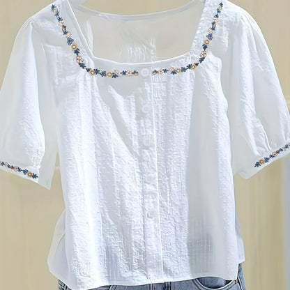 Blouse femme élégante à col carré et broderies florales, style décontracté printemps-été
