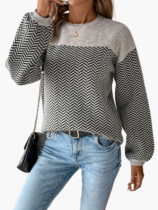 Pull femme décontracté à motif chevrons manches longues coupe régulière pour automne hiver
