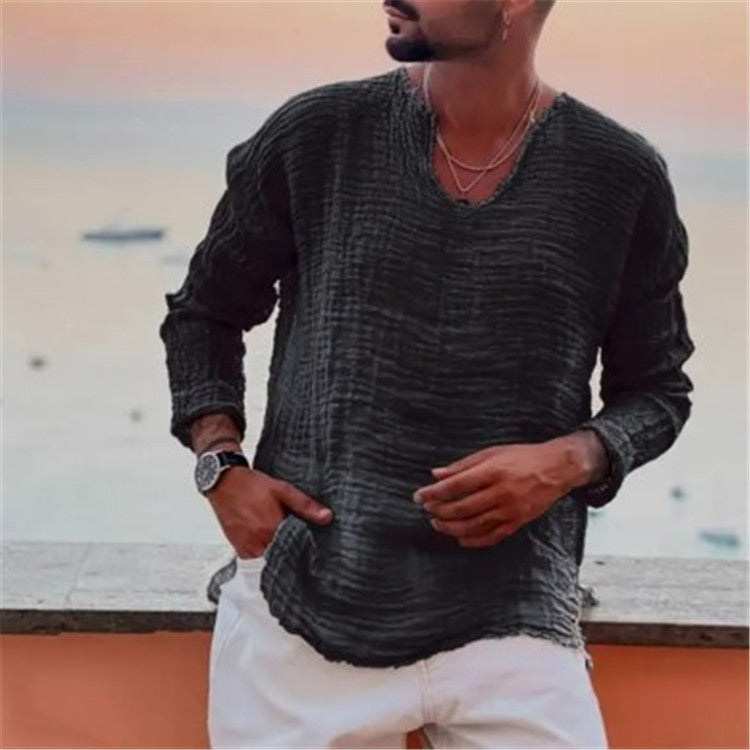 Ken – Chemise décontractée à col rond en couleur unie avec bords effilochés