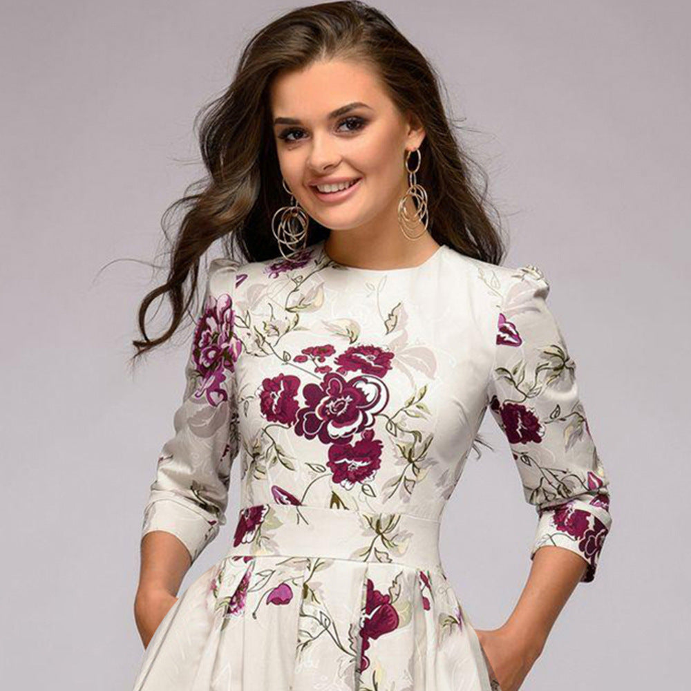 Robe femme élégante à fleurs style rétro mi-longue pour occasions spéciales