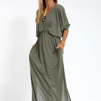 Kimberley – Robe Fendue à Taille Haute avec Col en V