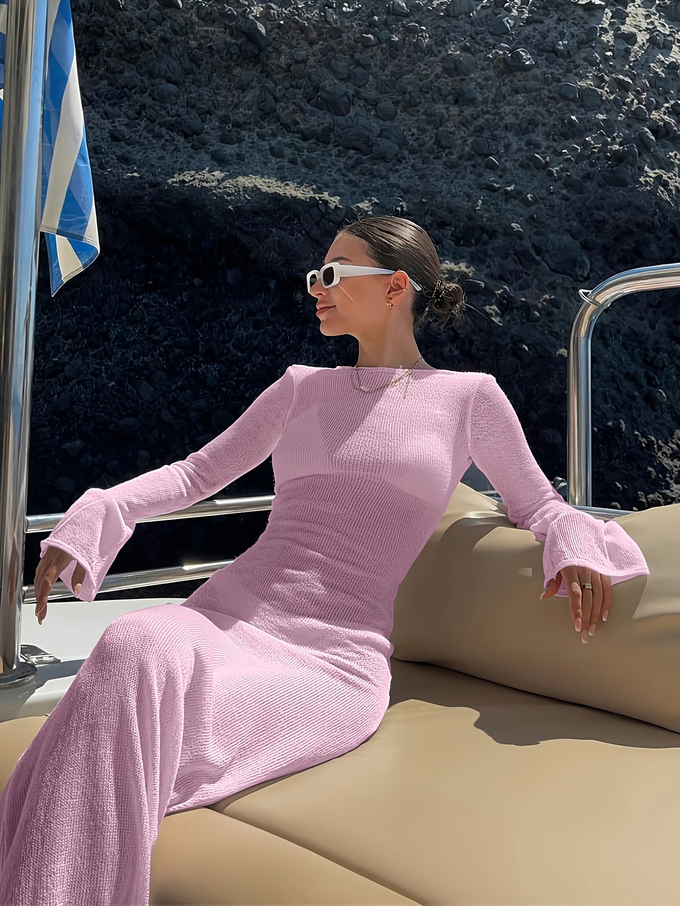 Abito lungo da spiaggia elegante a maniche lunghe per donna – Stile chic per vacanze e yacht