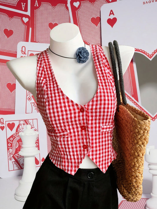Gilet corto a quadri stile elegante per donna – Ideale primavera/estate, senza maniche, taglio aderente