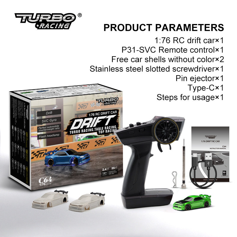 RC Driftauto 1:76 voor volwassenen en tieners – Model C64, turbo stijl, ideaal voor tafelraces en driften