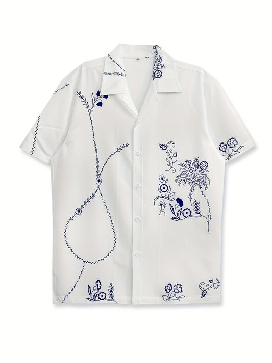 Men's dress shirt resort style with short sleeves and modern graphic floral pattern