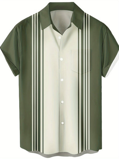 Chemise décontractée homme style bowling à rayures verticales manches courtes