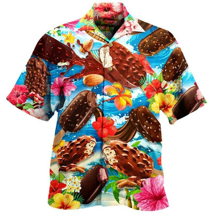 Chemise hawaïenne homme imprimé rétro glaces – style estival original pour loisirs, plage et fêtes