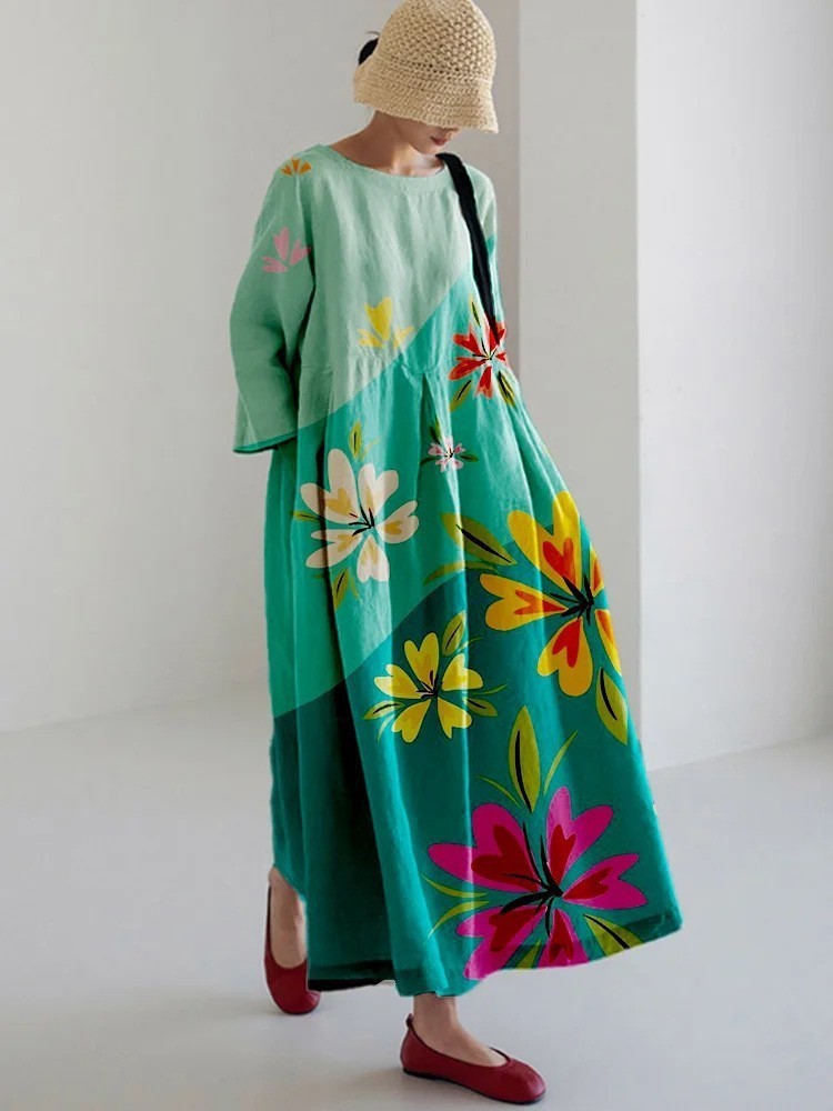 Robe longue décontractée femme style artistique bohème à motif floral – idéale été, vacances, ville