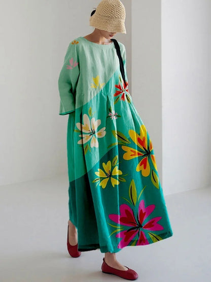 Robe longue décontractée femme style artistique bohème à motif floral – idéale été, vacances, ville