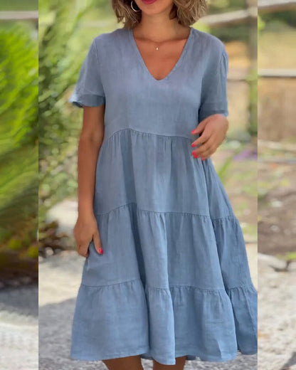 Robe Élégante en Coton Lin avec Encolure en V