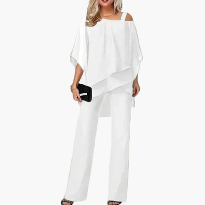 Elegant Casual Chic Women's Set – Two-Piece Outfit with Asymmetrical Top and Wide Pants for Office and Outings