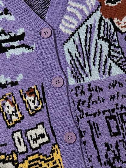 Cardigan décontracté homme style artistique avec motif portrait et paysage