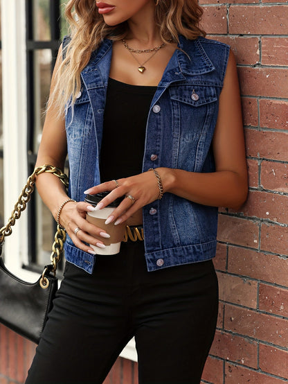 Gilet en Jean Sans Manches Femme Style Élégant Décontracté