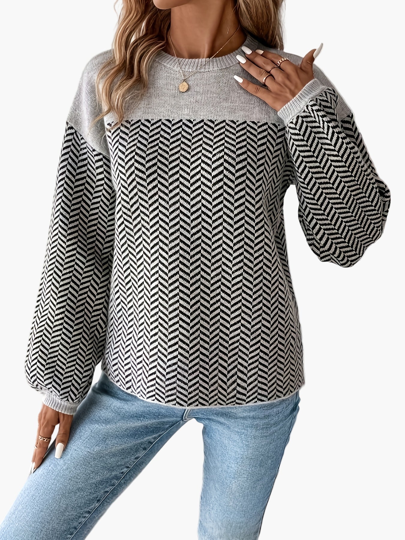 Pull femme décontracté à motif chevrons manches longues coupe régulière pour automne hiver