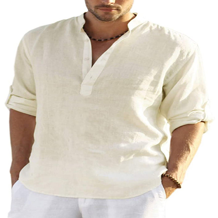 Chemise Henley en lin pour homme – Élégance décontractée, idéale bureau, loisirs et vacances