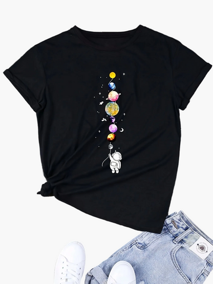 Women's casual style T-shirt with astronaut and planets design, space-inspired, ideal for science enthusiasts and urban fashion fans