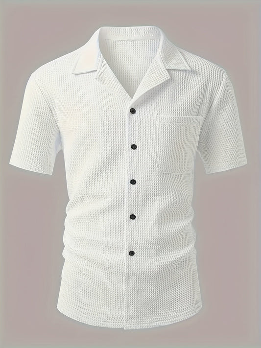 Men's casual short-sleeve resort-style shirt with camp collar and textured waffle fabric