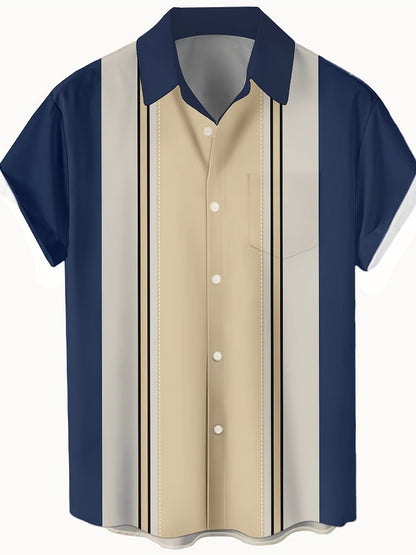 Chemise décontractée homme style bowling à rayures verticales manches courtes