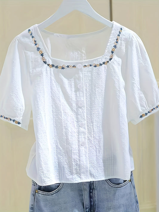 Blouse femme élégante à col carré et broderies florales, style décontracté printemps-été