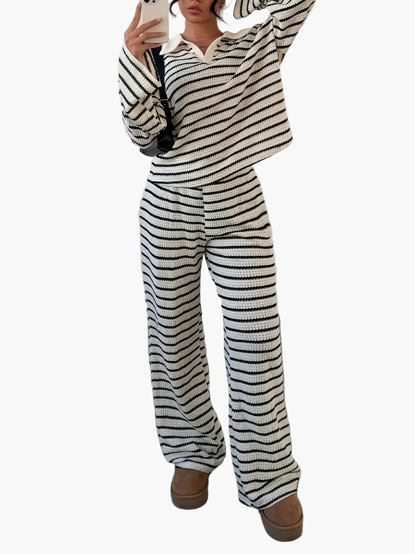 Ensemble Femme Élégant Pull Loose à Rayures et Pantalon Large Style Décontracté Automne-Hiver