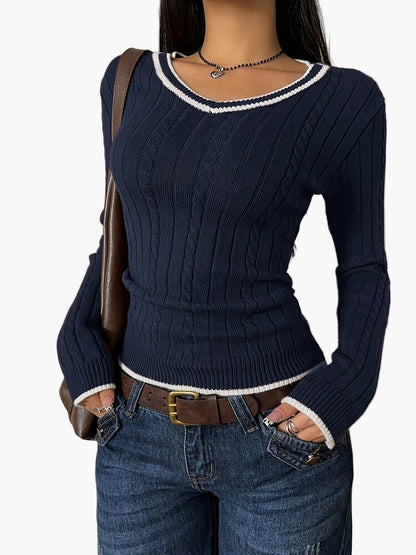 Pull femme col V à effet côtelé style casual chic