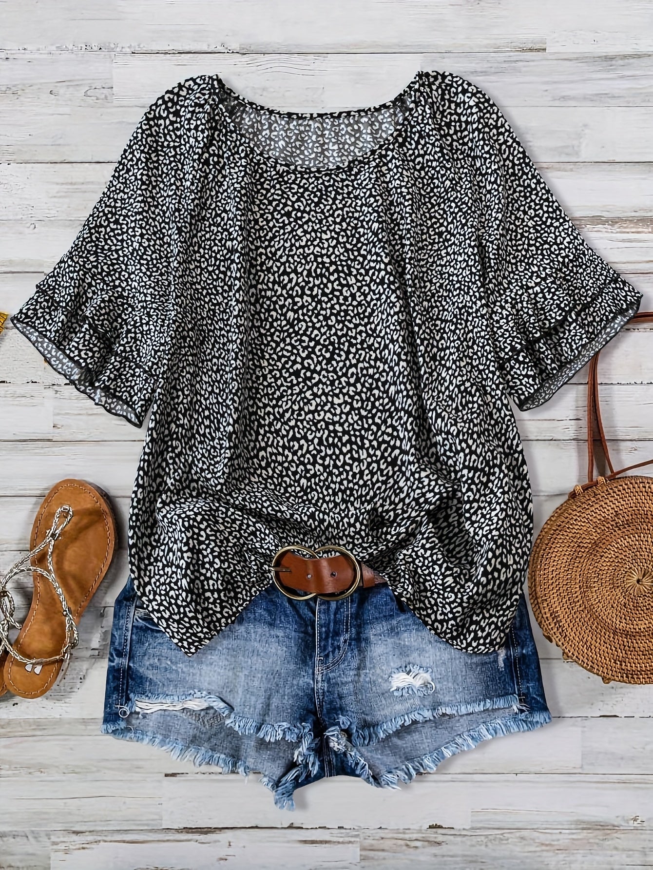 Blouse décontractée à imprimé léopard pour femme, style vacances, manches courtes avec volant