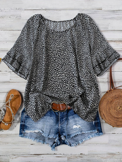 Blouse décontractée à imprimé léopard pour femme, style vacances, manches courtes avec volant