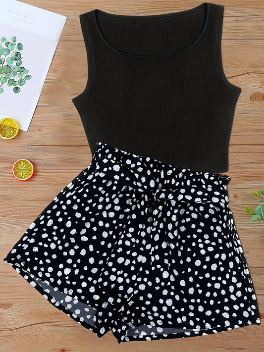 Women's Elegant Style Summer Printed High-Waisted Tank Top and Shorts Set