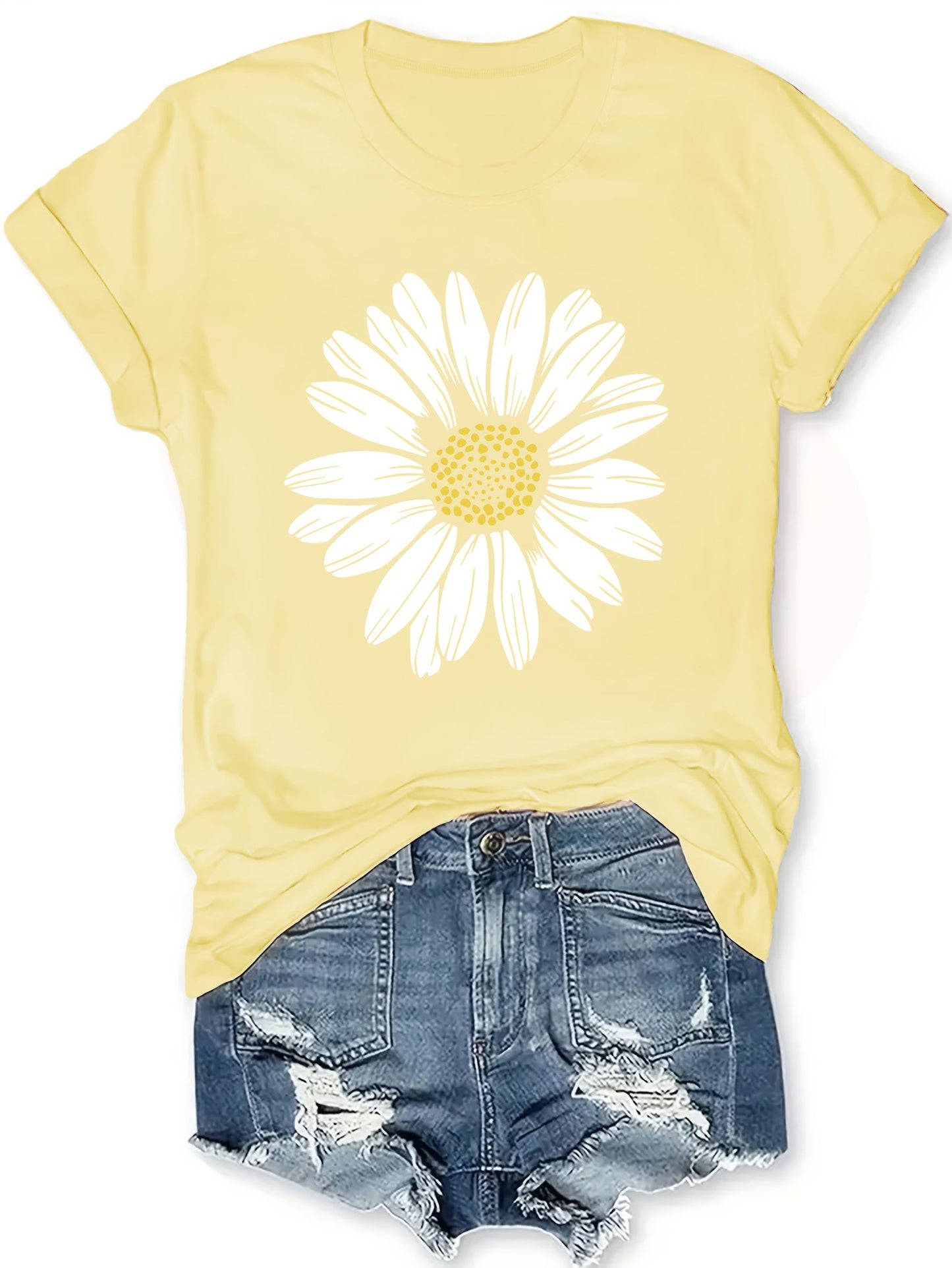 T-shirt femme décontracté motif marguerite pour look estival et tendance