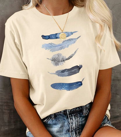 Dames T-shirt Casual Stijl met Artistiek Veerpatroon – Ideaal voor Lente en Zomer