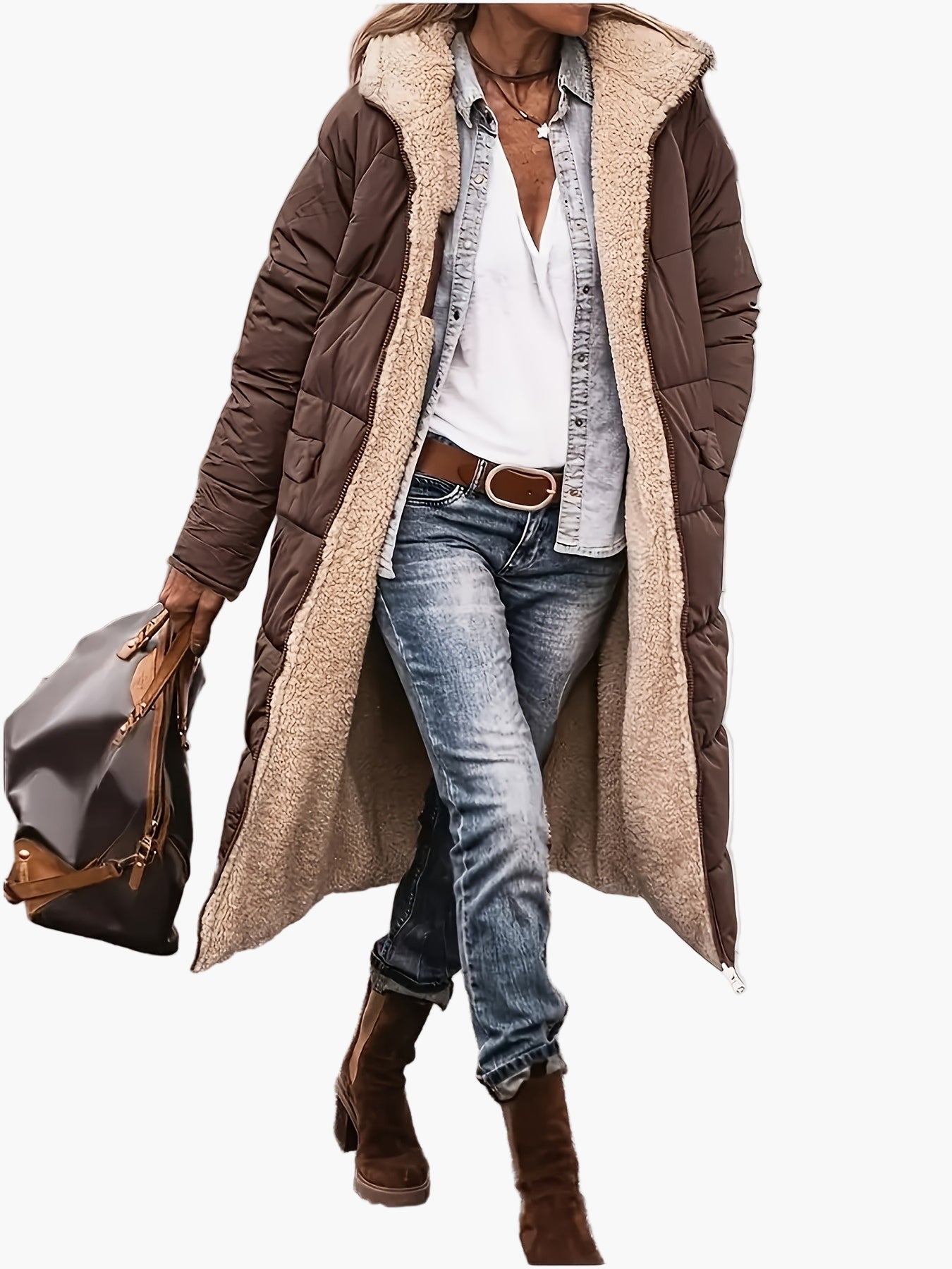 Manteau long d'hiver femme style décontracté avec capuche et doublure chaude, idéal pour les voyages et le quotidien