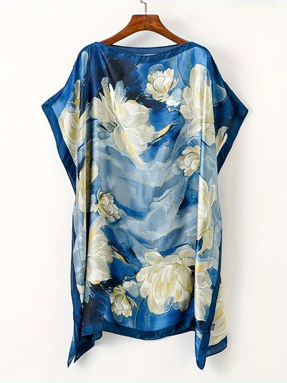 Bohemisk strandtunika för kvinnor med asymmetrisk stil och blommigt tryck, chic för semestern