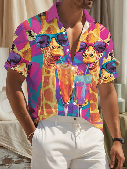 Camisa hawaiana casual para hombre con estampado de jirafa y cócteles – Estilo veraniego y original