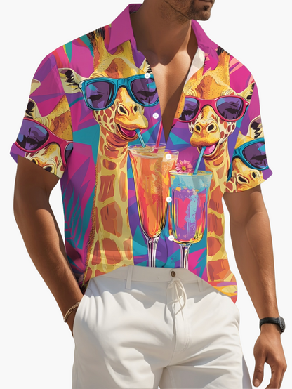 Camisa hawaiana casual para hombre con estampado de jirafa y cócteles – Estilo veraniego y original