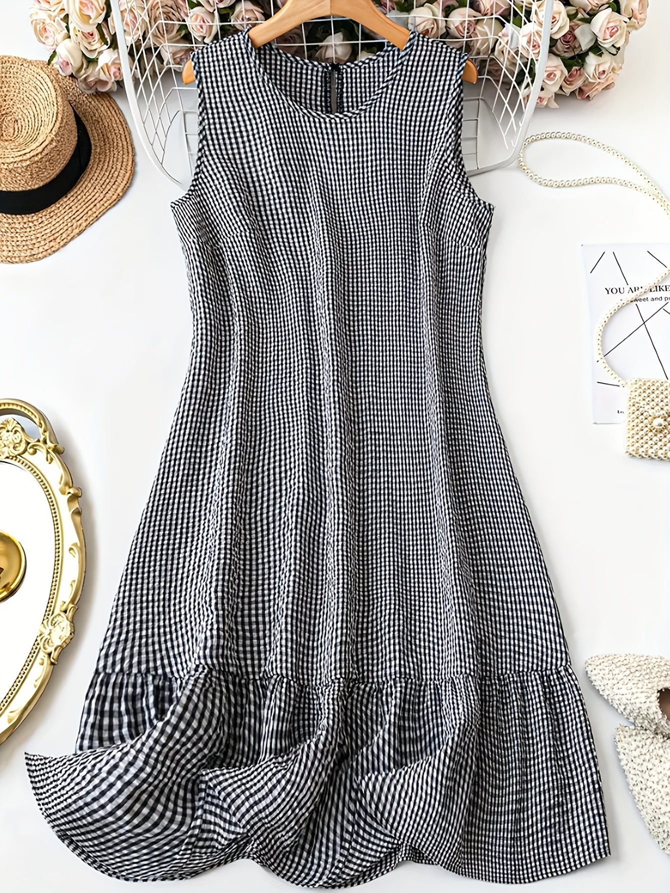 Robe décontractée sans manches à carreaux vichy pour femme, style rétro chic et quotidien