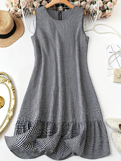Robe décontractée sans manches à carreaux vichy pour femme, style rétro chic et quotidien