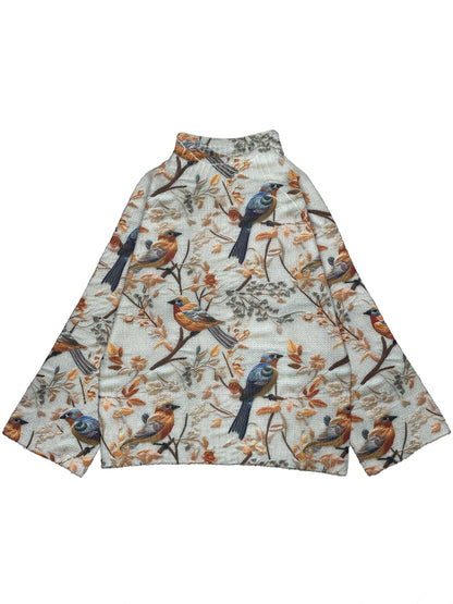 Pull Femme Style Élégant Imprimé Oiseaux Col Montant pour Automne Hiver