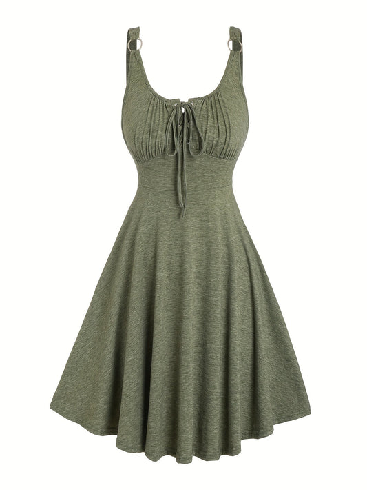 Abito casual da donna con scollo traforato e spalline con occhielli, modello svasato primavera-estate