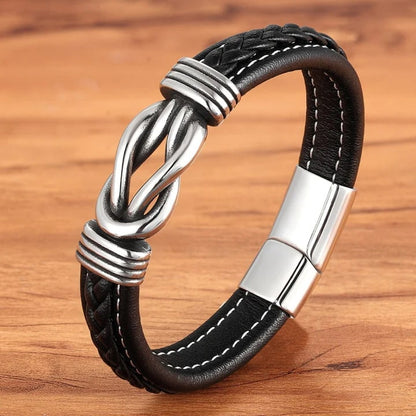 Charlie – Bracelet en cuir tressé pour homme avec nœud infini et fermoir en acier inoxydable