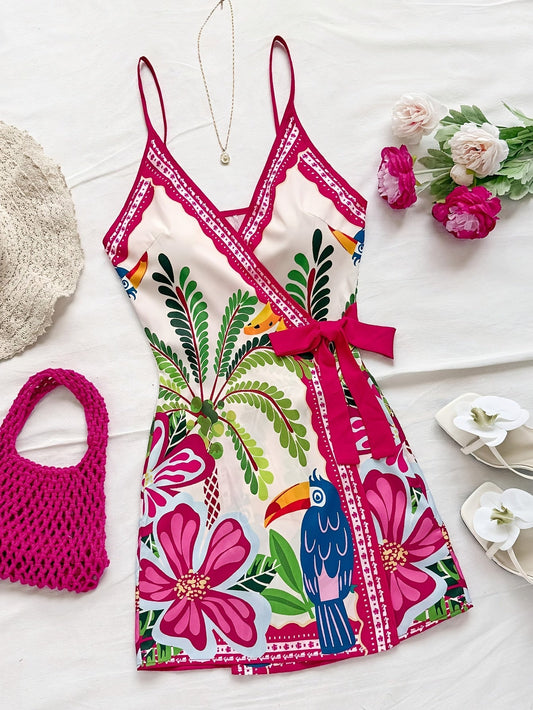 Vestido cruzado tropical para mujer estilo vacaciones con estampado floral y de loro