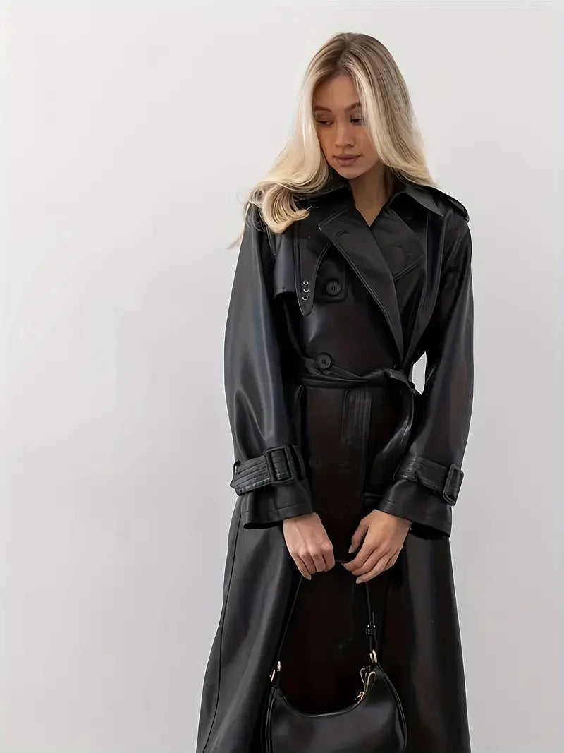 Trench-coat long pour femme - Style élégant à double boutonnage avec ceinture à la taille - Idéal pour l'automne et l'hiver