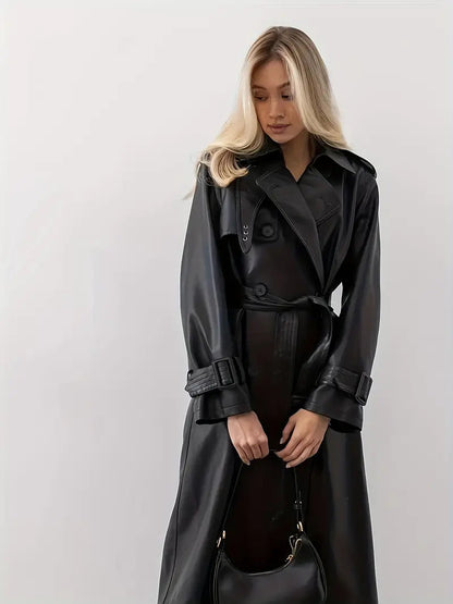 Trench-coat long pour femme - Style élégant à double boutonnage avec ceinture à la taille - Idéal pour l'automne et l'hiver