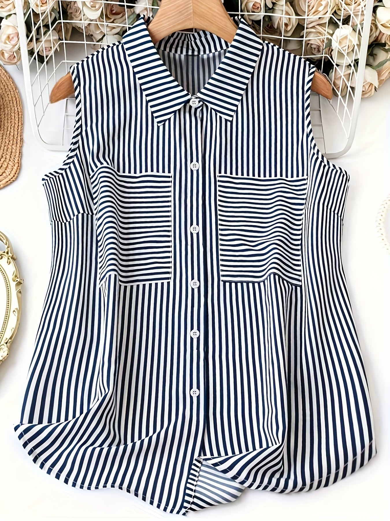 Chemisier sans manches à rayures style polo pour femme - Élégant et décontracté, idéal été