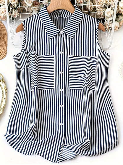 Chemisier sans manches à rayures style polo pour femme - Élégant et décontracté, idéal été