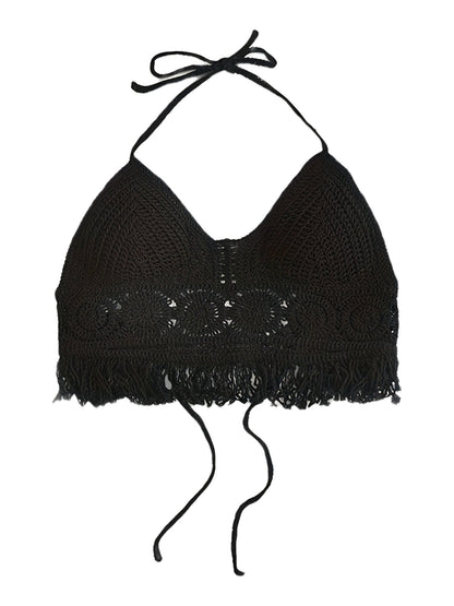 Bohemian cropped tie-front top for women, festival style with openwork details and fringes